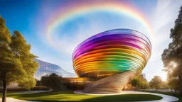 A striking tower built around a central spiral shape, with a helix staircase wrapping around the outside of the building. The walls are made of a translucent material that reflects sunlight in rainbow hues, and each floor gradually spirals upward, creating a dynamic and captivating form. The landscape below is sculpted to echo the swirling design. Photograph