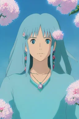 a beautiful woman with azure hair, happy, flowers, beautiful colors, very fine detail, high quality, mystical, romanticism, intricate,