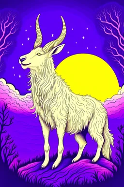 a fantasy illustration of a howling goat howling at the moon, just like wolfs are howling, in violet and white tones, the moon should have a yellow tone.
