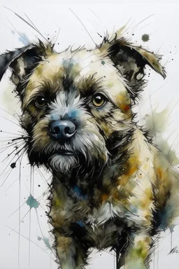 A minimalist portrait of a border terrier by Ryan Hewett , willem haenraets, watercolor, wet on wet and splattering techniques, centered, perfect composition, abstraction, surrealism
