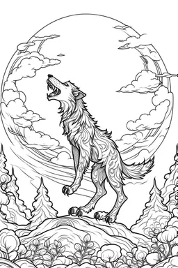 A werewolf howling at the moon while standing in a misty graveyard. Outline, sketch style, only use outline, mandala style, clean line art, white background, no shadows, no clear wall, coloring page.