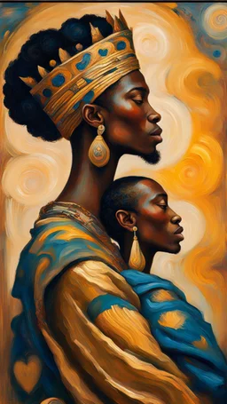 Side profile of an African King with her aspirations behind her. Holding her man hugging with love and romance,Opulent Van Gohn style painting