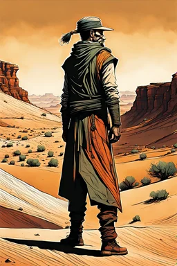 create a surreal full body 3/4 profile portrait illustration of a lost nomadic wanderer with highly detailed, sharply lined facial features in a shadowed canyon lands of oblivion in the comic art style of Enki Bilal, precisely drawn, boldly inked in arid desert colors