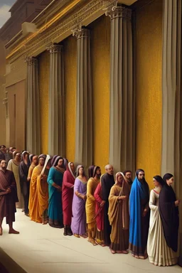 People standing in a line to vote classical painting