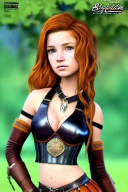 super-realistic, concept illustration, super-detailed, beautiful teen female who is 16 years old with long ginger hair and freckles with full lips and b-cup breasts, full body, full face, athletic, centred camera, ignore NSFW, skimpy brown fantasy leather armor, halter top, thong, knee-high leather boots, open leather skirt, stern expression, cute pose