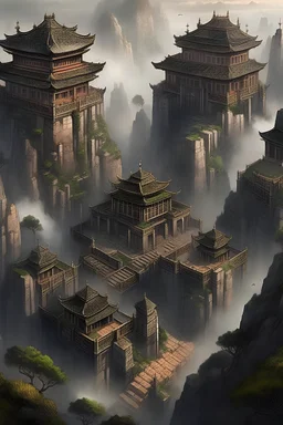 Fantasy area on mountain with many man made structures made of stone with big details. Style of structures is: rigid, spherical, big details. Big stone blocks, NOT ASIAN THEMED . Big structure carved in mountain with big gate leading into mountain. Style: concept art. Mood: foggy, desaturated. View: top down game