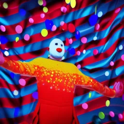 red, yellow, blue, primary colors, funny, goofy, abstract blob, circus, party, glitter, bokeh blur, guassian blur, tilt-shift, photograph, HD, 8k, hyper realistic, blender, 3d model, rendering, clown, bright lights, zoom in, portrait