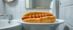 hot dog in bread sleeping in bathroom