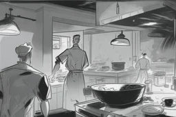 black and white storyboard, wide, on the Foreground there is a man and in the background, 3 chefs, scattered throughout the kitchen cooking, frying, cutting