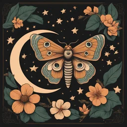 Best quality, masterpiece, ultra high res, detailed, illustration, design, flat vector style, high resolution, illustraTed, shadows and light, aesthetic, modern, ambient lighting, flat colors, vector illustration, moth, moon, leaves, stars, flowers, sailor jerry tattoo, old school tattoo