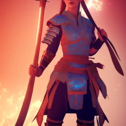 warrior woman with axe, wearing japanese armor, blue lighting sky, glowing red axe, stromy, red armor, realistc mortal kombat style, 3d render --test --creative