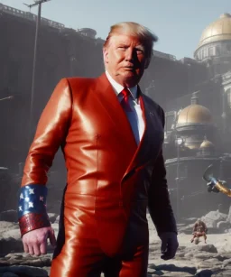 Donald trump wrestling fighter, naked torso, color breeches, suspenders, retro style, 80s, hot ambient, photo studio, red, gold, vibrant color, gradient, highly detailed, art stations, concept art, smooth, unreal engine 5, god rays, ray tracing, RTX, lumen lighting, ultra detail, volumetric lighting, 3d, finely drawn, high definition, high resolution.