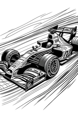 coloring book page,Decorate a Formula 1 car with vibrant colors and sponsor logos as it speeds around the track. ink drawing clipart, simple line illustrations, black and white