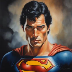 Superman Facial Portrait, dark, multicolored watercolor stained wall in the background, oil painting in the art style of Boris Vallejo, 32k UHD, Hyper realistic, photorealistic, realistic, sharp, highly detailed, professional quality, beautiful, awesome, majestic, superb, trending on artstation