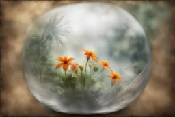 flowers, blur 5%, double exposure, merged layers, in the first part (near to us) of the picture you can see a plain sandblown smoked glass, engraved with a folk art pattern, the glass is cracked in several places, in some places the glass is broken, crumpled burlap, through it you can see a tropical rainforest with a waterfall, mist, fog, sunrise