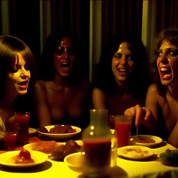 Movie shot horror, spooky, ultra realistic distress, dining, ultra realistic hot women, party, pieces of meat, creepy, organs, ail dynamic, anguish, excited people, hypermaximalist figures, creepy, 1970's Italian horror movie, sinister, John Carpenter, Dario Argento, Stanley Kubrik, ornate, 4k, photorealism