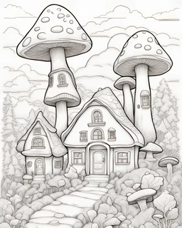 B/W coloring page, super detailed illustration for adult, "Mushroom Houses" ,crisp line, line art, high resolution, smooth, law details, no shading, no fill, white background, clean line,The artwork should be with strong and clean outline.