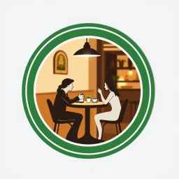 A circular logo with a special green border color, in the center of which are two people sitting around a table drinking coffee, and the cafe light above the table is on, in the space of a special and beautiful cafe.