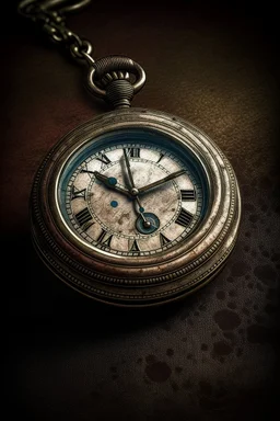 Generate an image of an antique pocket watch with a patina finish, displayed on a weathered leather surface with subtle, natural lighting."