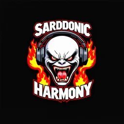 A logo for a rock band inspired by the styles of Ed "Big Daddy" Roth. The text "SARDONIC HARMONY" is written in a futuristic, robotic font. Below the text, there is a sinister, evil marshmallow head with headphones. The marshmallow head is breathing red flames. The background is dark.