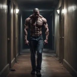 Hyper Realistic muscular headless man carrying his angry faced head & standing in a haunted hallway at night