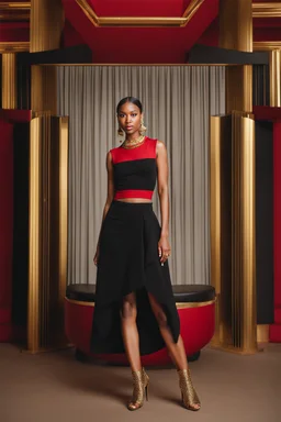 an image of a woman in black and red top and skirt with gold earrings on