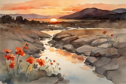 Amazing Sunset, flowers, puddle, rocky land, mountains, epic, winslow homer watercolor paintings