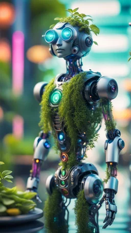 a full body portrait of a vegan hippie cybernetic robot made of living plants in all colors, and having a sentient look in its eyes, like a buddha, on a glass pier,bokeh like f/0.8, tilt-shift lens 8k, high detail, smooth render, down-light, unreal engine, prize winning