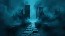 A surreal, dark and cold abstract artwork dominated by deep blue, icy cyan, charcoal black and muted steel-grey tones. A mysterious, impossible passageway emerges from an abstract distorted landscape, surrounded by thick atmospheric fog and drifting mist. The space feels dreamlike, alien and unsettling, with fragmented geometric forms, floating architectural fragments and unnatural perspectives. At the center of the composition visible cracked stone way over abyss