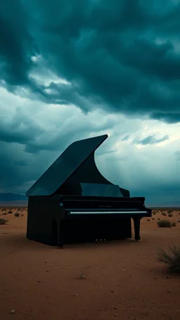 A big black piano in the middle of a stormy wether in the desert, camera looks from ground up to the top of the piano , surreal a highly quality 8k photo