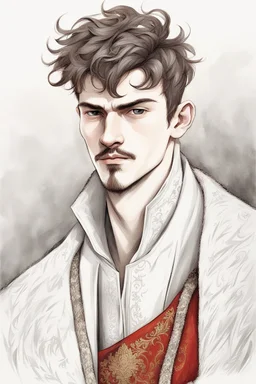 man, age 20, medieval, fighter, russian, croocked nose, czar, rich, simple clothes, short messy hair, thick beard, oligarch, leather coat with fur, brocade clothes, pencil drawing, black or red hair