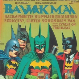 A 1980 comic cover of a dark universe masonic sad drunk batman cosplay convention, green batman, orange batman, cyan batman, white batman.