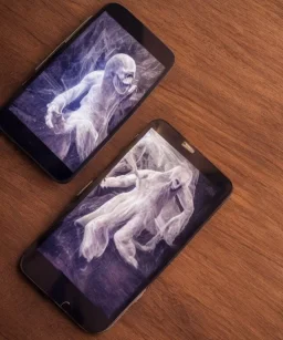 Demonic ghost climbing out of a cellphone on a table