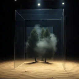 A photo of a dark, closed environment in a tv studio. At the center, a transparent structure made of plexiglass encloses a misty element. There are dark trees. The surface below appears to be sandy, with small dunes or accumulations of sand. In the background, other forms or structures are visible, some of which are dark and organic in appearance. The photo was taken with a Hasselblad H6D 400c camera.