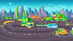 busy alien town, with people, alien buildings, curved roads, vehicles, and spaceships, from ground level