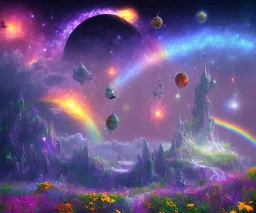 cielo cosmico insieme al mondo fantasy, astronavi tra le stelle prati pieni di fiori colorati,(arcobaleno) con un castello con piscine e cascate