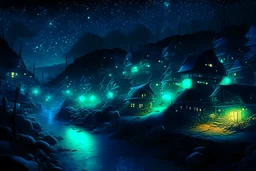 bioluminescent rasin village at night in starshine