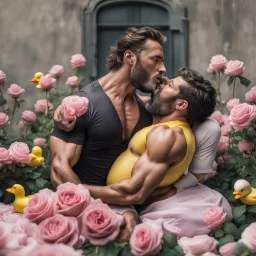 2 big hairy muscular men in velvet Prada shirts are kissing each other and sitting in a field of pink roses next to yellow plastic ducks and gift boxes next to them