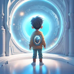 a little boy looking through a large magical portal, a futuristic human civilization is depicted in that portal, extremely detailed, trending on artstation, 8k