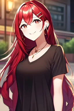 girl, masterpiece, best quality, cinematic lighting, detailed outfit, vibrant colors, perfect eyes, red hair, red eyes, long hair, braided ponytail, hairclip, earrings, smile, casual clothes,