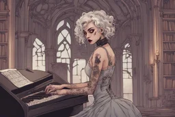 scarred cyberpunk vampire girl with tribal tattoos short curly cyberpunk hair playing piano in the library of a decaying gothic mansion at dawn