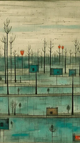 Blackish teal wetlands near a town painted by Paul Klee