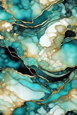 Alcohol ink art tile pattern. Vibrant, fantasy, delicate, ethereal. Sea. Shades of blue, black, teal, aqua, turquoise, white. with golden outlines waves on shore. Sun. colorful beach. Background ink drip.