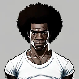 create a dark man character with afro hair and a white t-shirt gta 5 style illustration looking straight ahead