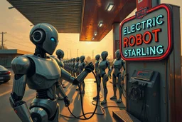 A cinematic wide-angle oil painting of a humanoid robot plugging a thick electric charging cable into its torso port at a futuristic charging station within a retro-style gas station. A long line of identical humanoid robots stands patiently behind, waiting for their turn to recharge. A large vintage-style sign to the side reads 'Electric Robot Charging Station.' The scene is bathed in golden-hour lighting, with rich, noisy colors, expressive thick brushstrokes, intricate steampunk elements, glo