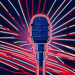 Outline logo of a #microphone, #neon red lines, glowing, flat design, #deep blue background color