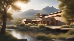 beautiful house, perfect architecture, style Frank Lloyd-Wright, rural environment, sunshine, volumetric lighting, trees, river, distant mountains, award-winning photograph, photorealism, superb details, light and shade, beautiful composition, attractive, peaceful, exquisite