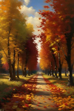 Recreate the essence of autumn by depicting a tree-lined boulevard covered in vibrant, multicolored leaves. Be meticulous with details, from the textures of the leaves to the play of light and shadows.