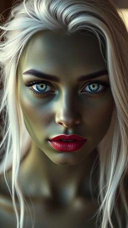 A beautiful women green skin a little melting her eyes are all white her hair is from white small fathers and her lips is dark red