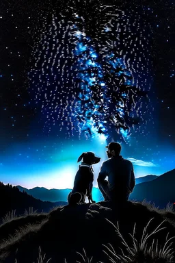 Black background on a mountaintop. A silhouette of a fit human man and a silhouette of a fit human woman sitting close to each other, looking at the stars. A large dog is in the photo behind the woman and the man.